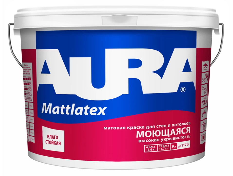 Краска моющаяся Aura Interior Mattlatex база А белая 9 л Краска моющаяся Aura Interior Mattlatex база А белая 9 л